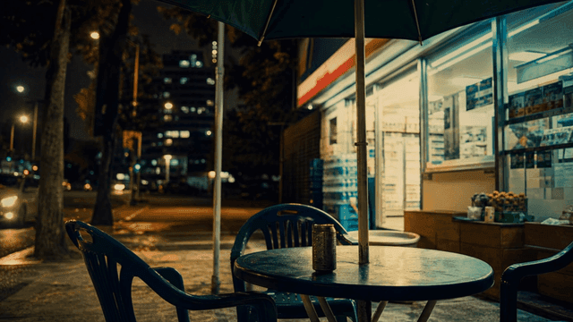 Outdoor tables in front of city convenience store at night