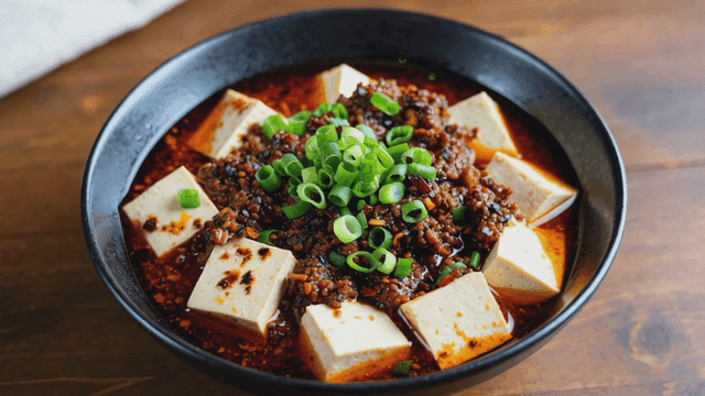 Mapo tofu with spicy sauce and green onions