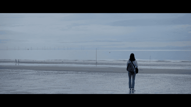 Back view of woman with backpack standing on quiet beach