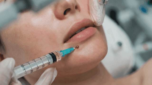 Woman undergoing lip injection treatment