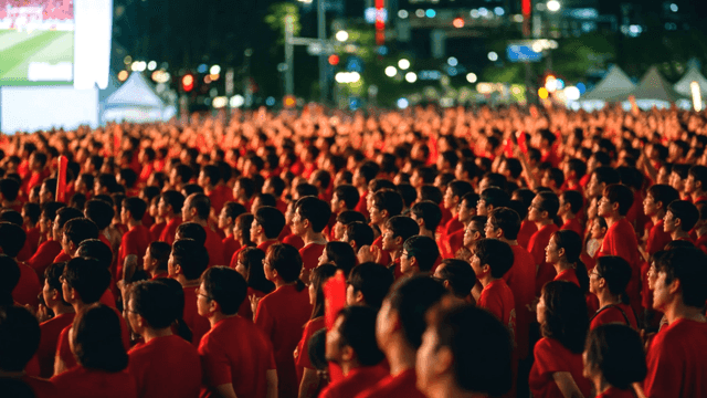 Large crowd cheering while wearing red t-shirts
