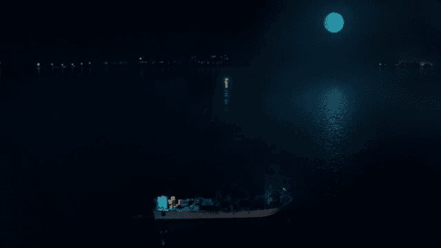 달빛이 비치는 밤하늘 아래 어선