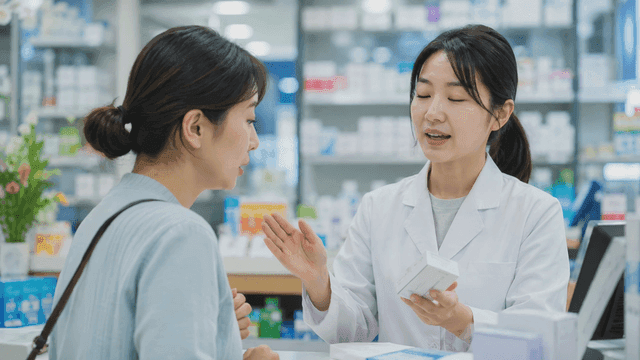 고객에게 약을 설명하는 약사