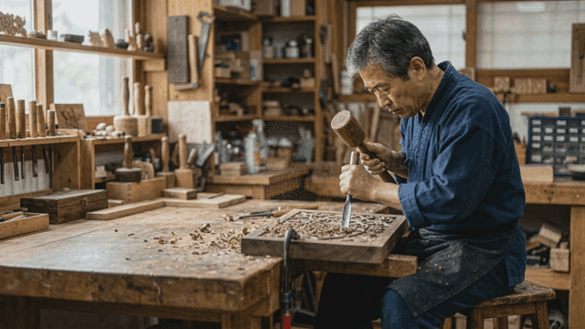 Craftsman carving wood in workshop