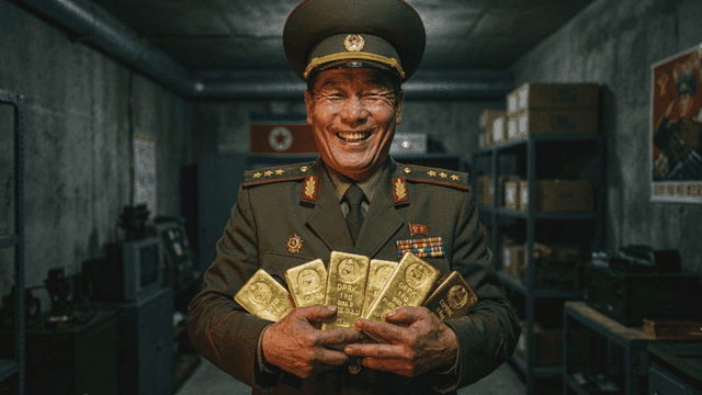 North Korean military officer holding gold bars in room