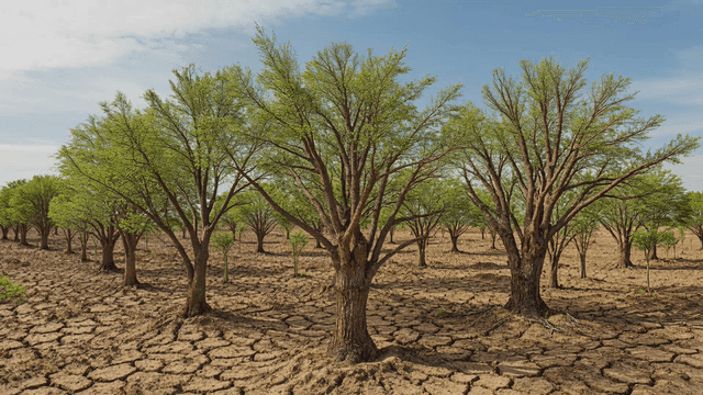 Dry desert landscape with scattered trees