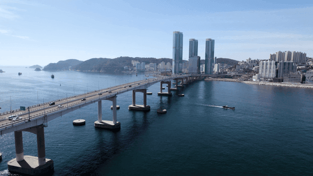 Bridge over the sea with city skyline