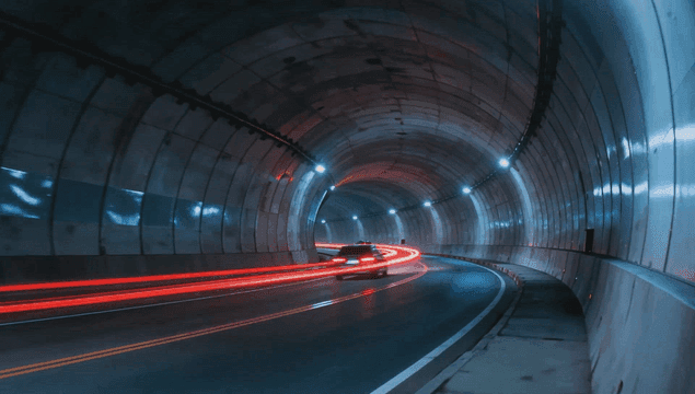 어두운 터널을 빠르게 지나가는 자동차들