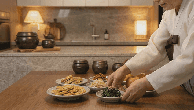 Traditional Korean dishes being arranged