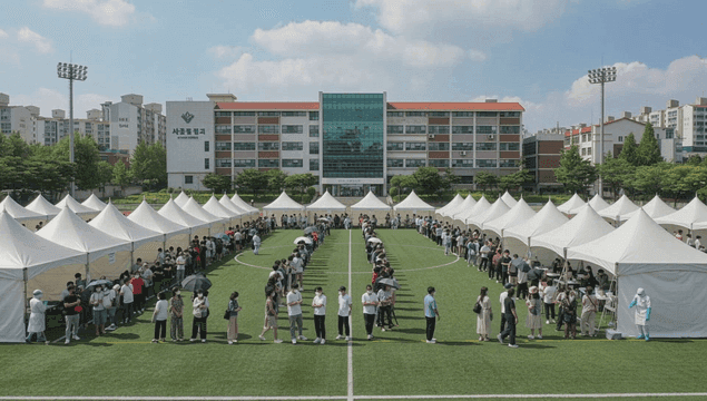 학교에서 바이러스 검사를 기다리는 사람들