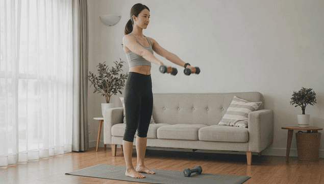 Woman exercising with dumbbells at home
