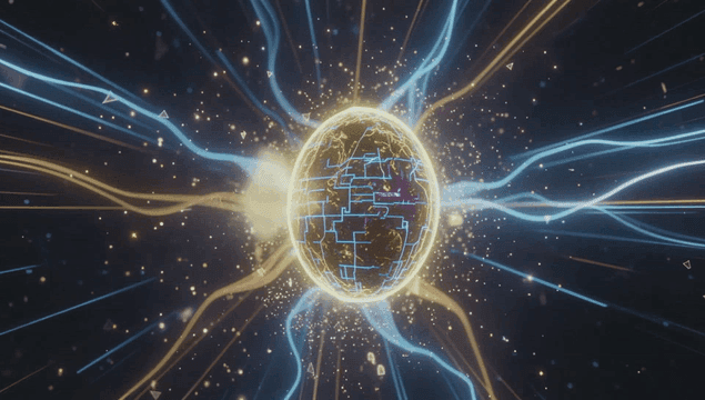 A glowing digital sphere with energy lines