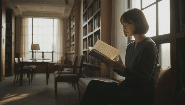 Woman reading a book in a quiet library