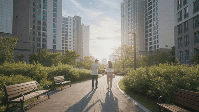 해질녘 아파트 공원을 걷는 커플