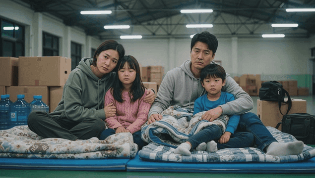 대피소에서 함께 앉아 있는 가족