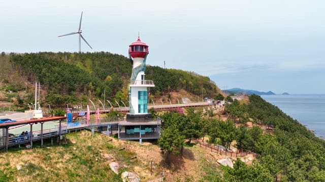 Lighthouse and wind turbines on a hill