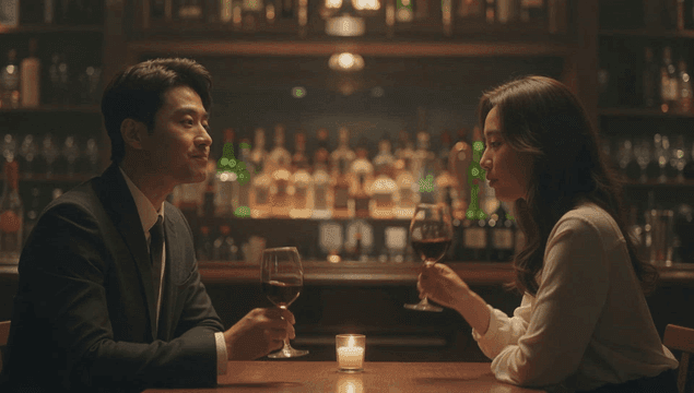 분위기 있는 바에서 레드 와인을 즐기는 커플