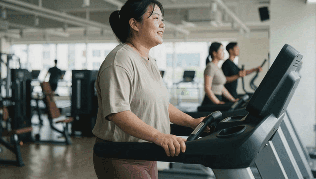Fat woman smiling and exercising on treadmill at gym.