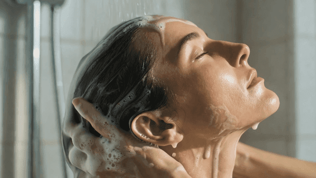 Woman washing her hair while showering