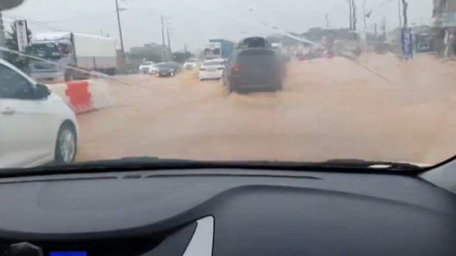 차안에서 보는 홍수 피해 상황