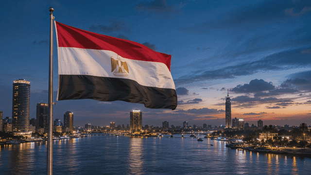 Egyptian flag and city skyline at sunset