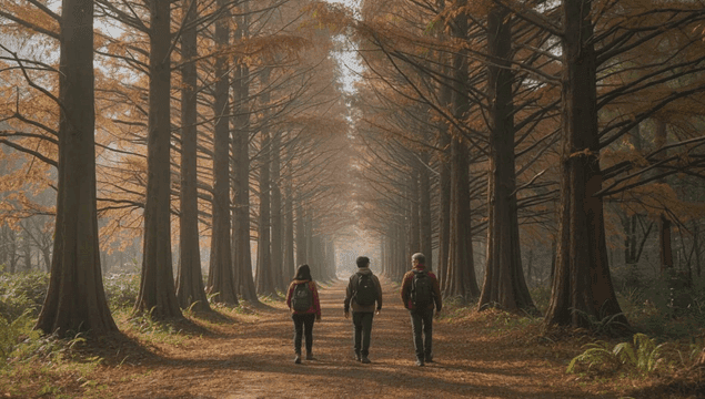 Backs of three people walking along a quiet forest path