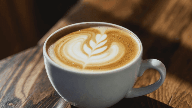 나무 테이블 위에 라떼 아트가 있는 라떼 한 잔