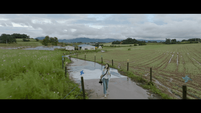 Woman walking down street with camera at rural farm