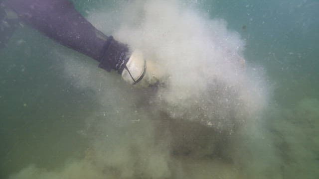 바닷속에서 어망을 들어올리는 잠수부