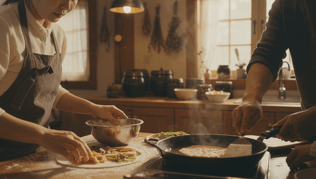 Cozy kitchen with people cooking together