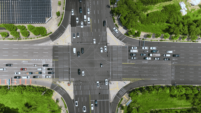 Wide road intersection viewed from above