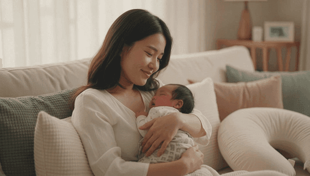 아기를 사랑스럽게 안고 있는 엄마