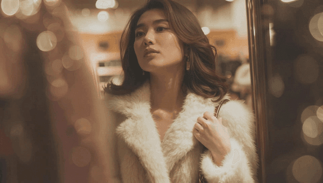 Woman in a fur coat shopping bag in store