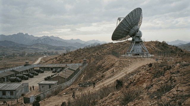 North Korean military satellite dish and mountain range on mountain