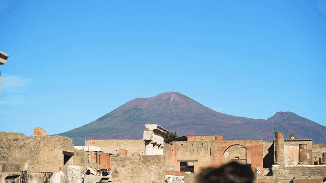 Ancient ruins with a mountain backdrop