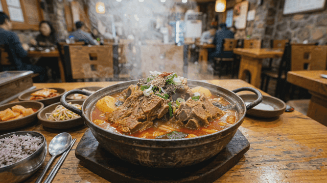 Steaming potato stew on table