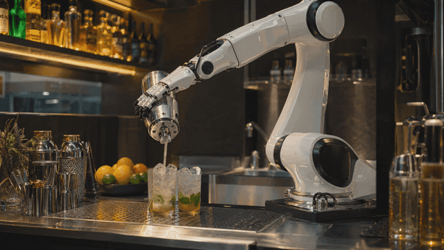 A robotic arm preparing cocktails at a bar