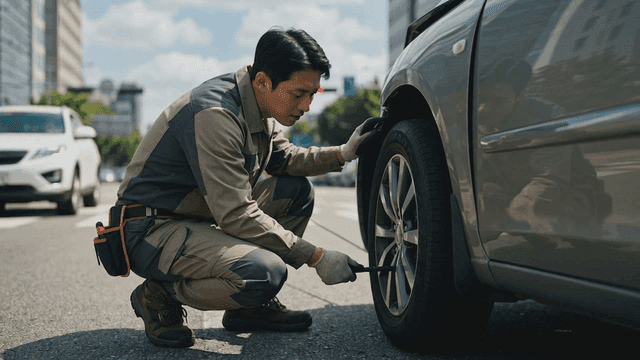 Mechanic fixing car tires on busy road