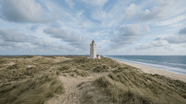 A lighthouse on a coastal dune with ocean