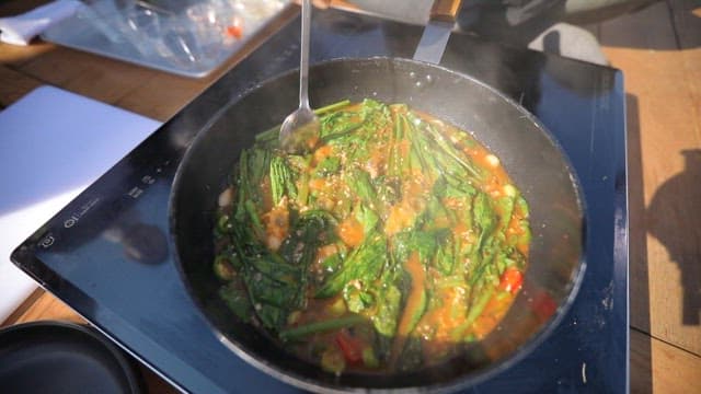 Appetizing young radish and saury stew cooked in a pan