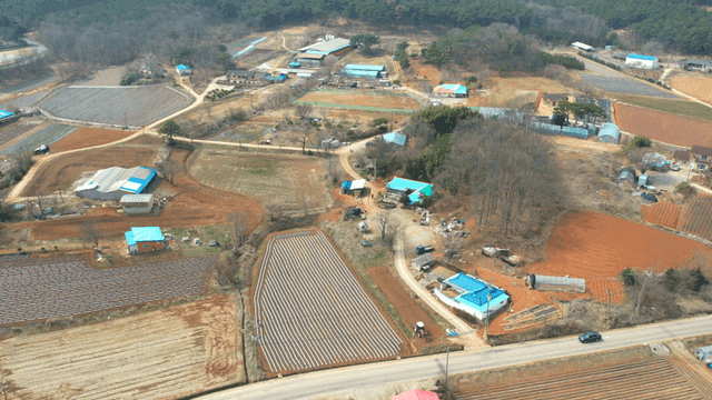 Aerial view of rural farmland and village