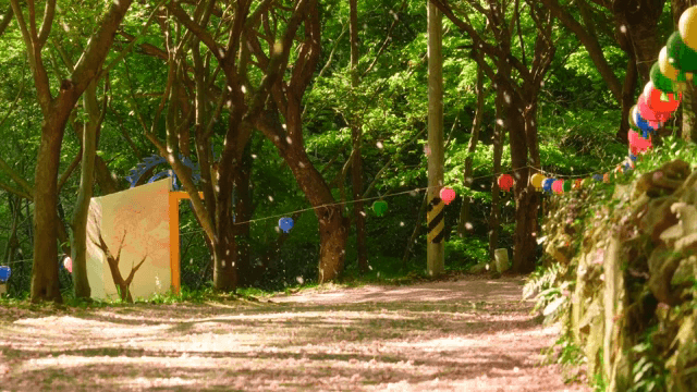 Forest path with lanterns hanging from falling cherry blossom petals