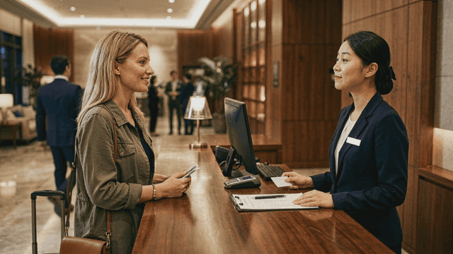 Friendly staff and white tourists hotel check-in