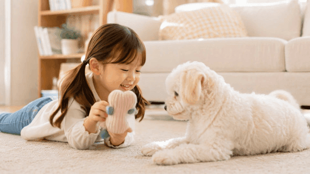 Child playing with dog in living room