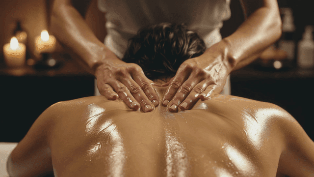 Back of person receiving relaxing massage treatment
