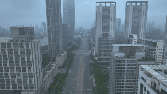Aerial view of a city with tall buildings