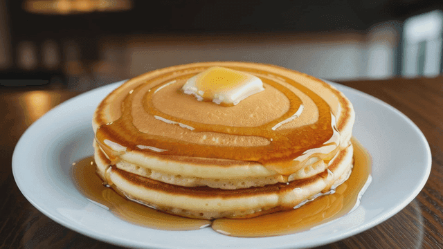 Pancakes with syrup and butter on a plate