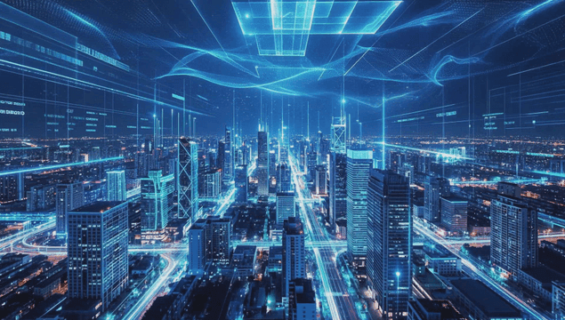 Futuristic cityscape with digital overlays