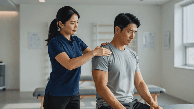 Physical therapist who massages men's shoulder exercises