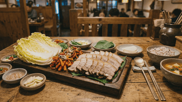 Various leafy vegetable side dishes and bossam